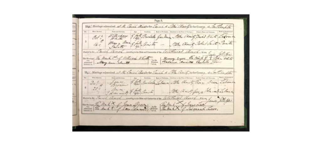 Marriage certificate - William White and Mary Ann Smith, 14 Oct. 1841, Stoke Charity, Southampton